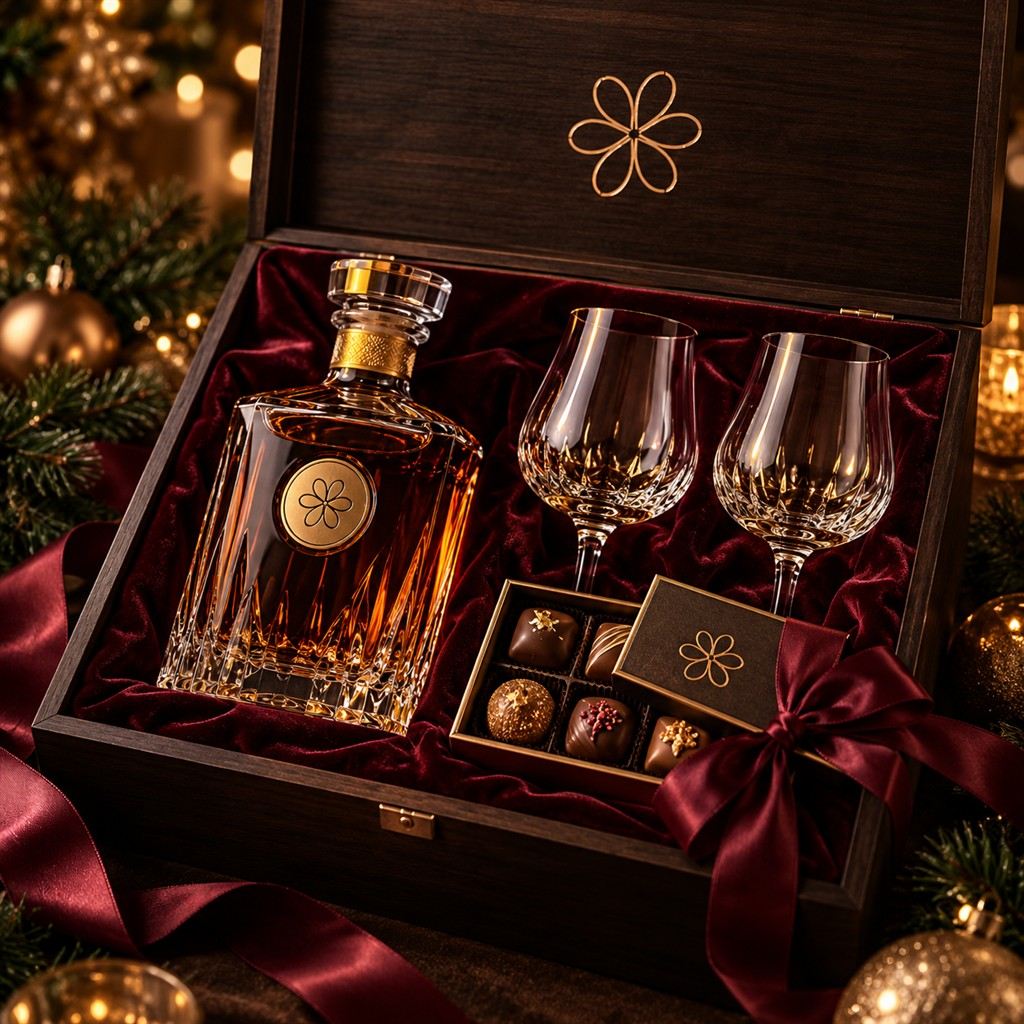 Kit Signature: decantador, dos copas y chocolates finos en caja de madera